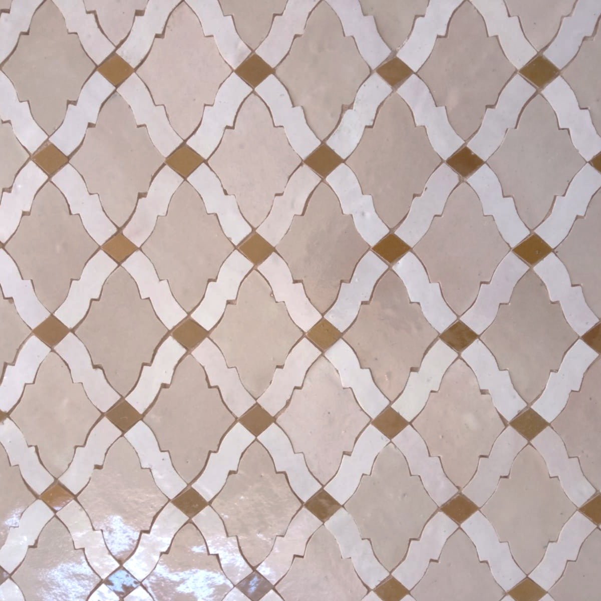 Moroccan lattice mosaic tile in ivory honey white handcrafted zellige geometric pattern